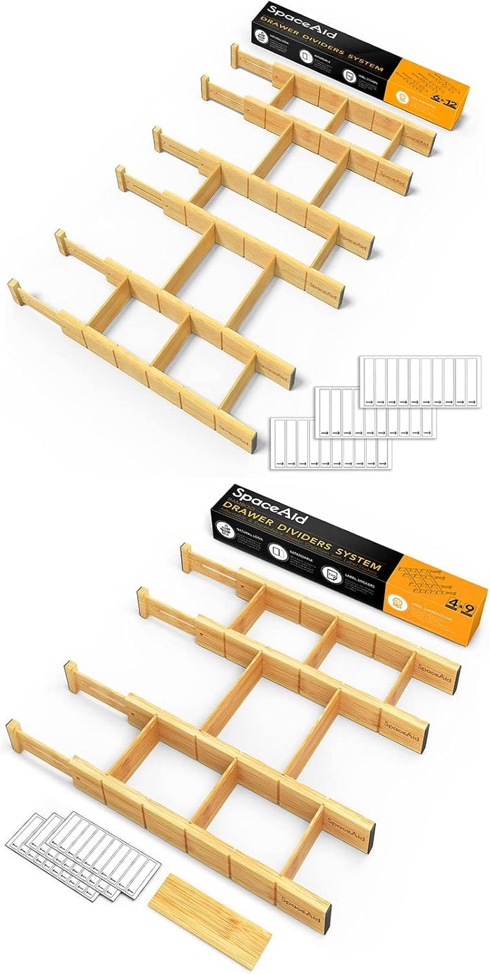SpaceAid Bamboo Drawer Dividers with Labels, 6 Dividers with 12 Inserts (17-22 in) and 4 More with 9 Inserts