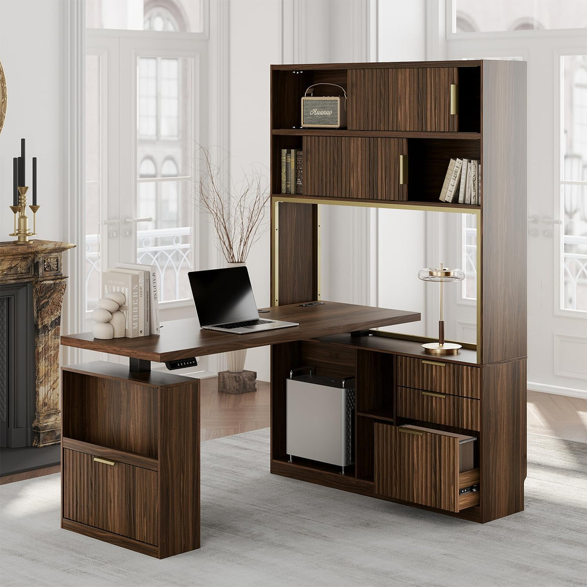 60'' L Shaped Standing Desk with Hutch, Black Walnut