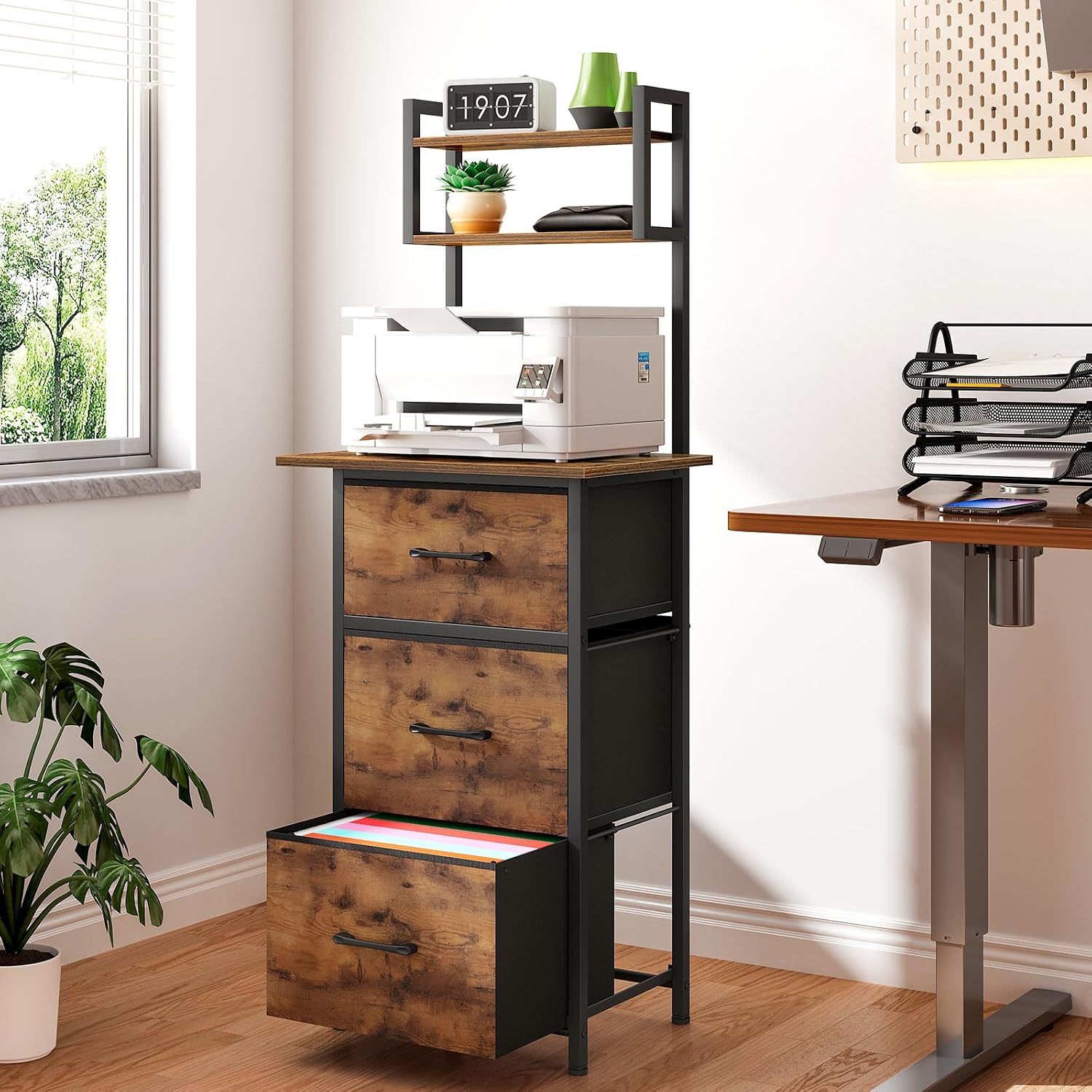 Snughome 3 Drawer Tall File Cabinet with 19.7'' Extended Desktop, 3-Tier Filing Cabinet for Home Office 51.6''H Vertical File Cabinet Printer Stand with Drawers, Fits A4/Letter/Legal,Rustic Brown