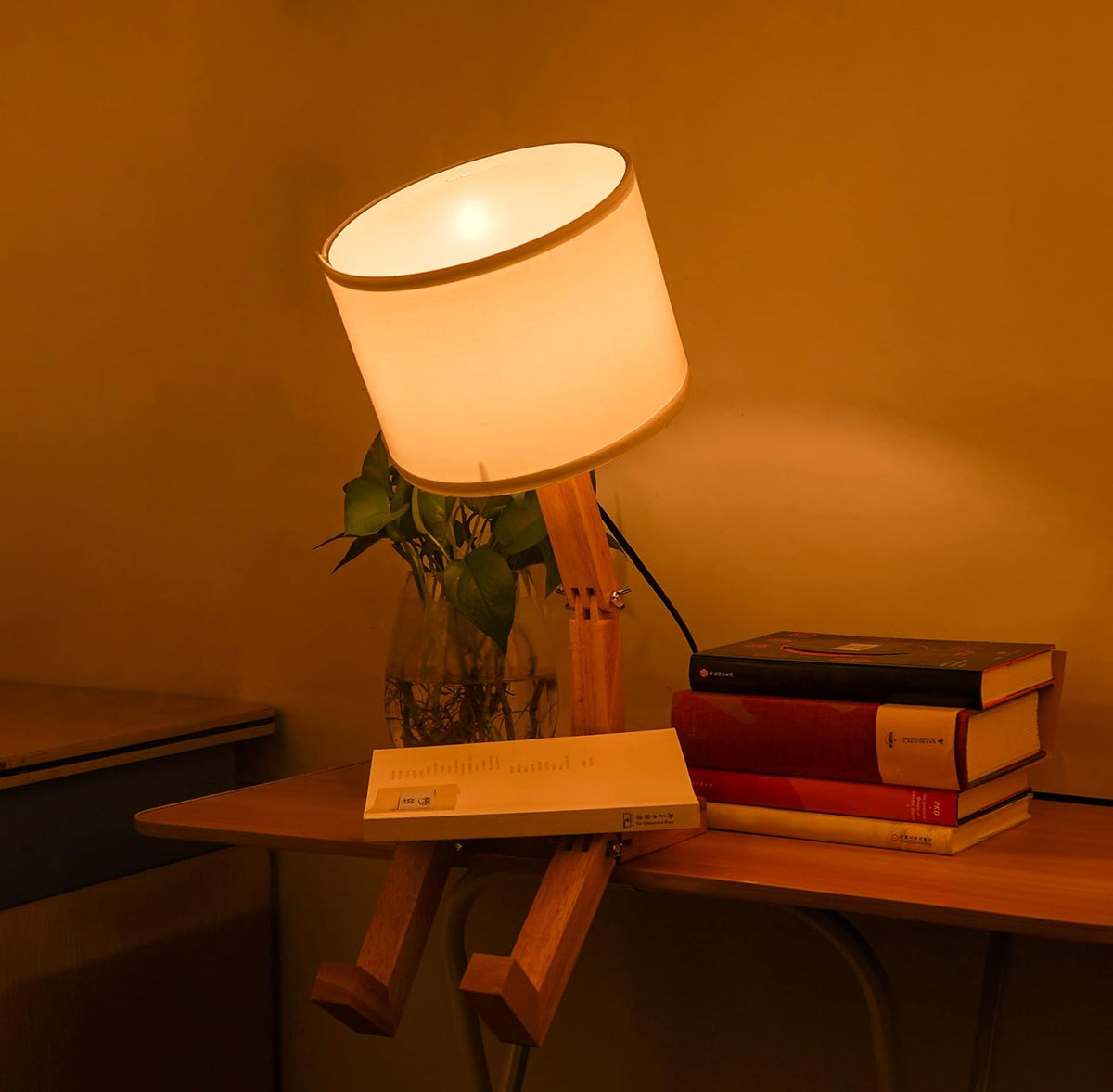 Robot Bedside Lamp, Fabric Lampshade Match Foldable Solid Wood Body, Creative...