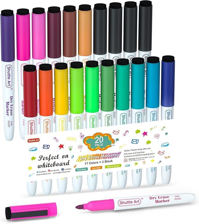 Shuttle Art Dry Erase Markers, 20 Pack 17 Colors Whiteboard Markers, Bundled by ShuttleArt