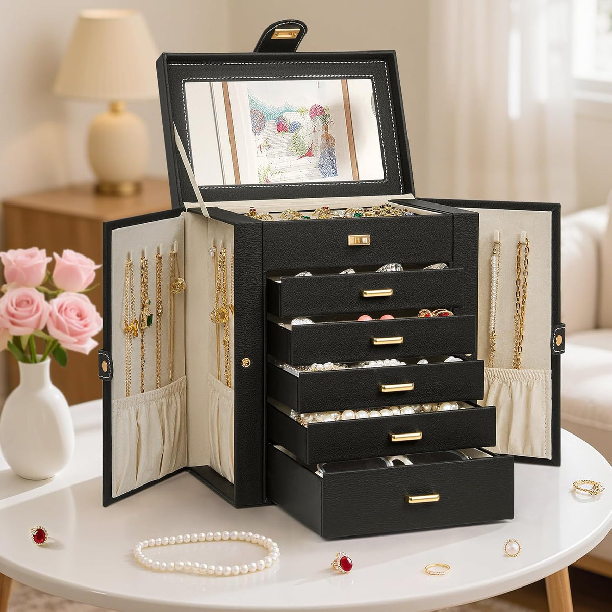 AKOZLIN 6-Tier Jewelry Box Organizer 5 Drawers Storage Medium Black