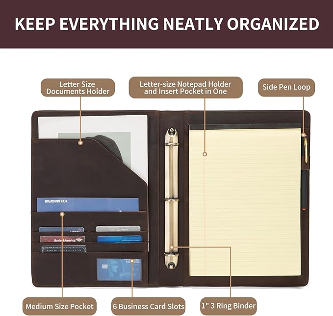 Geslun Genuine Leather 3 Ring Binder, 8.5 x 11 Letter Size Folio - Image 5