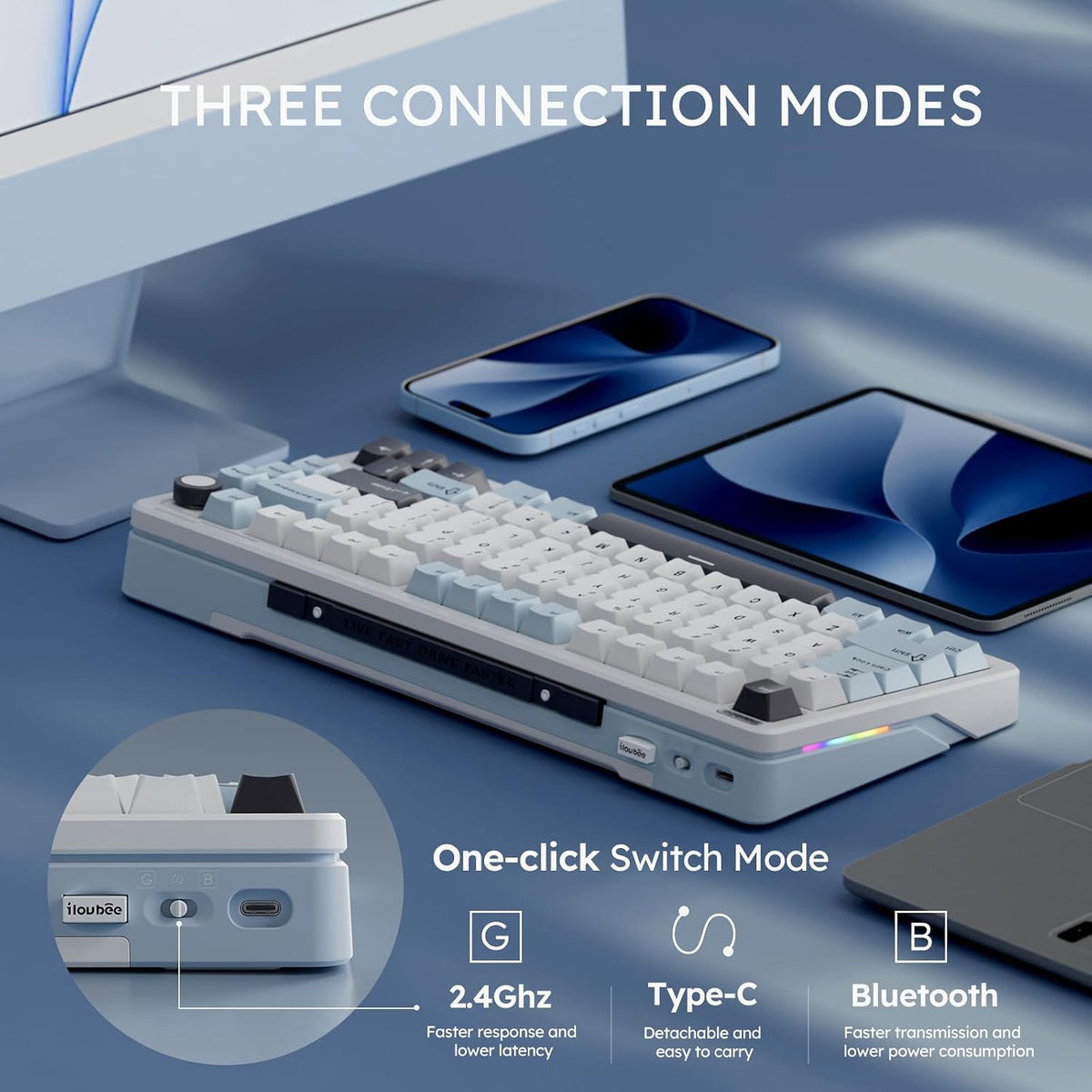 iLovBee B75 Wireless Mechanical Keyboard with Knob, Linear Switch, White