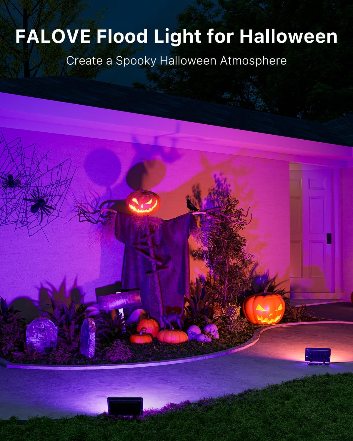 FALOVE 4 Pack Outdoor RGBW Flood Lights by Dual Remote for Halloween Decor
