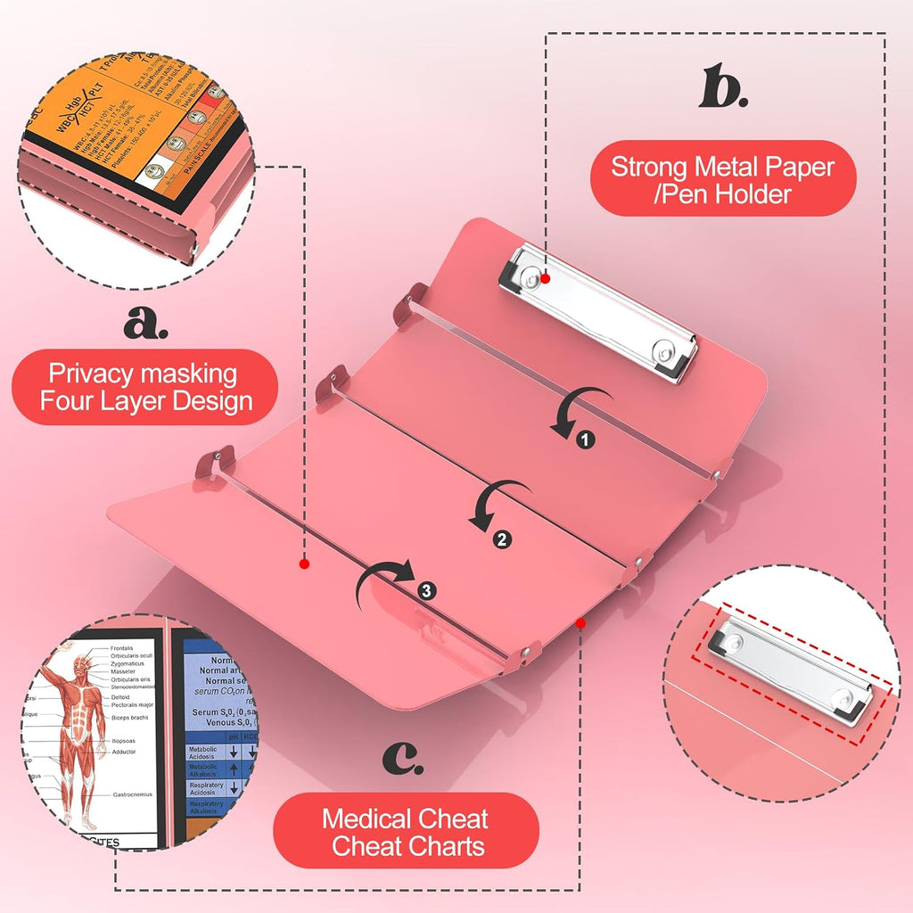 Nursing Clipboard Foldable, 4-Fold Aluminum Pocket Size, Rose | Folding Clipboard with Medical Cheat Sheets, Metal Pen Clip & Privacy Protection for Nurses, Nursing Students & Doctors