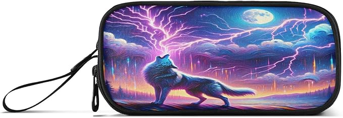 Wolf Howling Moon Lightning Pencil Case Box Boys Girls Large Pencil Pouch - Image 2