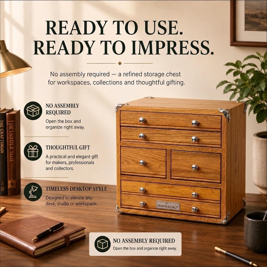 premium oak wood organizer chest, 6 drawer desktop on a desk or shelf