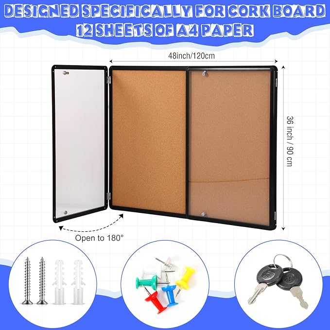 Enclosed Bulletin Board 48" x 36" Weather Resistant Lockable Notice Cork - Image 2