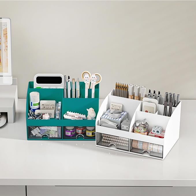 Desk Organizer with 6 Compartments and 2 Drawers, Plastic Makeup Organizer - Image 5