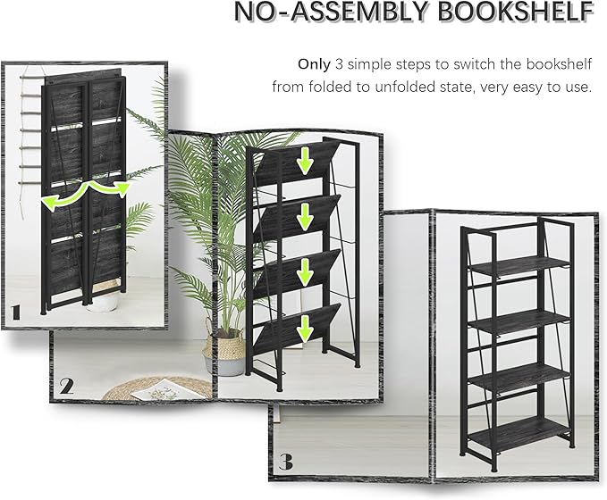4NM No Assembly Folding Bookshelf Storage Shelves 4 Tiers Vintage Bookcase - Image 8