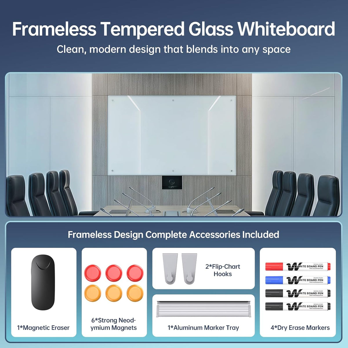 Glass Whiteboard 96" x 48", Frameless Wall Mounted Dry Erase Board ...