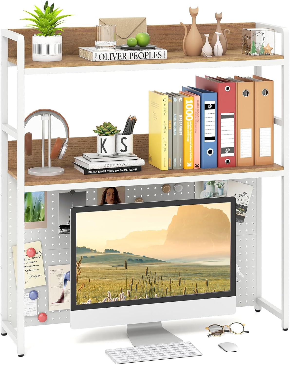 GIANTEX Desktop Bookshelf, 2-Tier Desk Hutch Dorm with Pegboard for up to 32&...