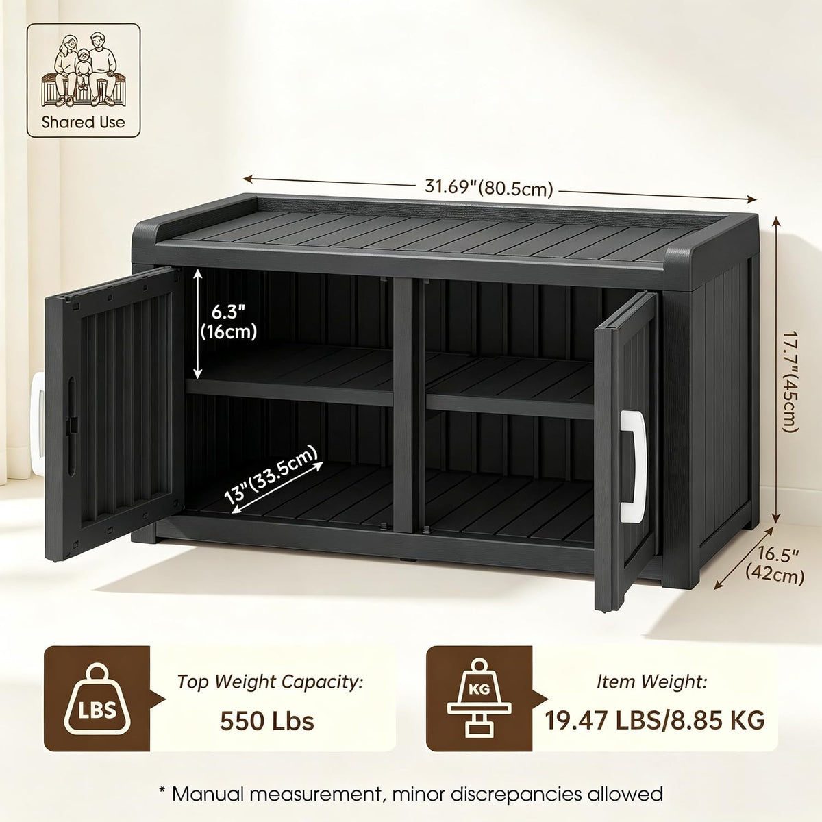 2-Tier Storage Bench, Waterproof UV-Resistant Outdoor Shoe Storage Cabinet wi...
