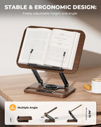 Adjustable Book Stand for Reading, Book Holder with 360° Rotation Base, Height Adjustable Book Reading Stand with Extendable Page Clips — Wooden Stand Holder for Cookbook, Receipe Book, Thick Book