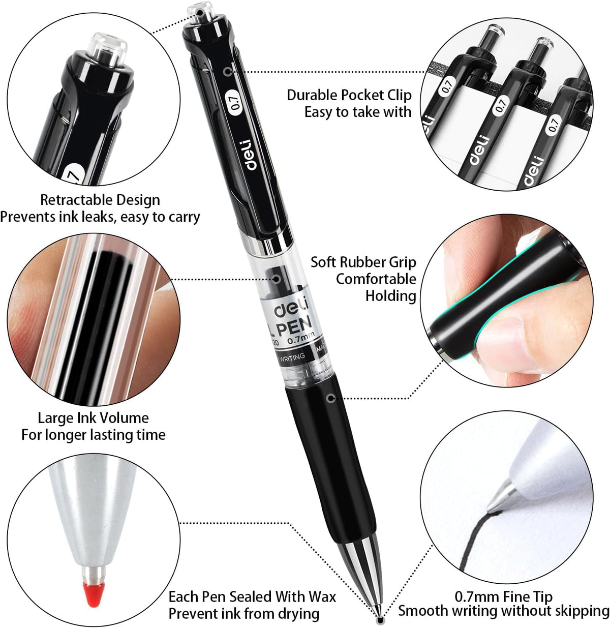 deli Gel Pens, 100 Pcs Retractable Pens Black Ink, Medium Point Pen 0.7mm
