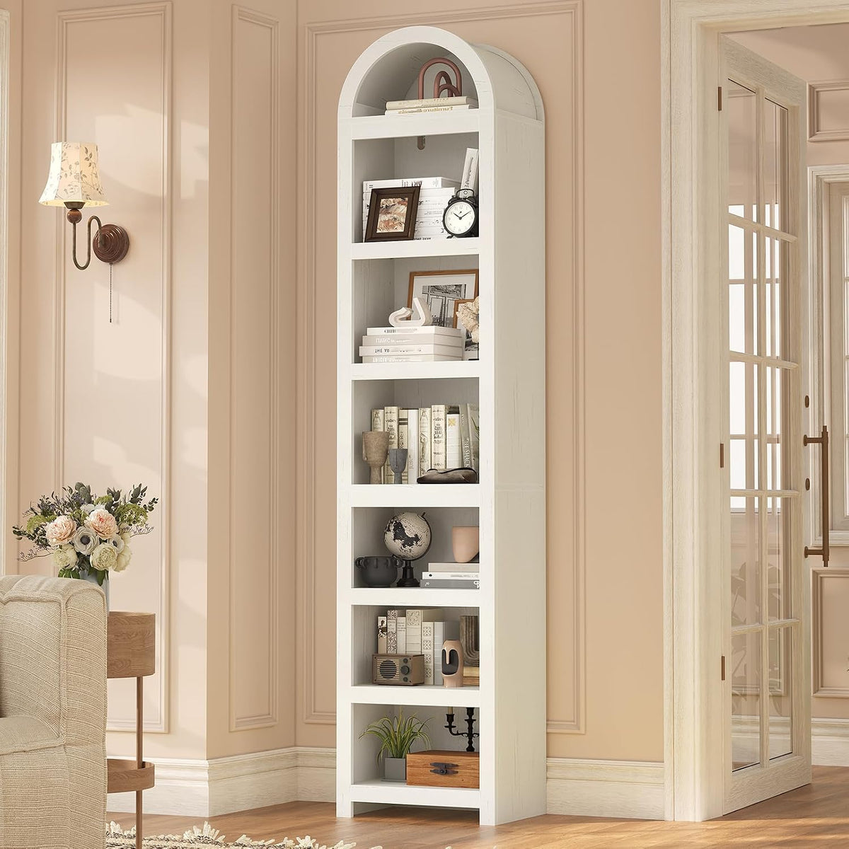 uposoja 76" tall narrow arched bookcase,7-teir mid-century modern, main product view