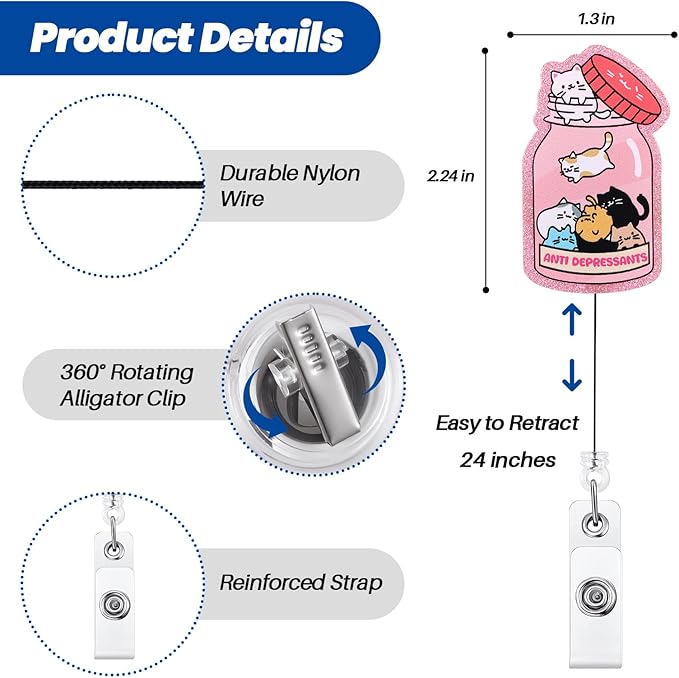Anti Depressants Funny Cat Nurse Badge Reel, Cute Pink Retractable ID Card - Image 2