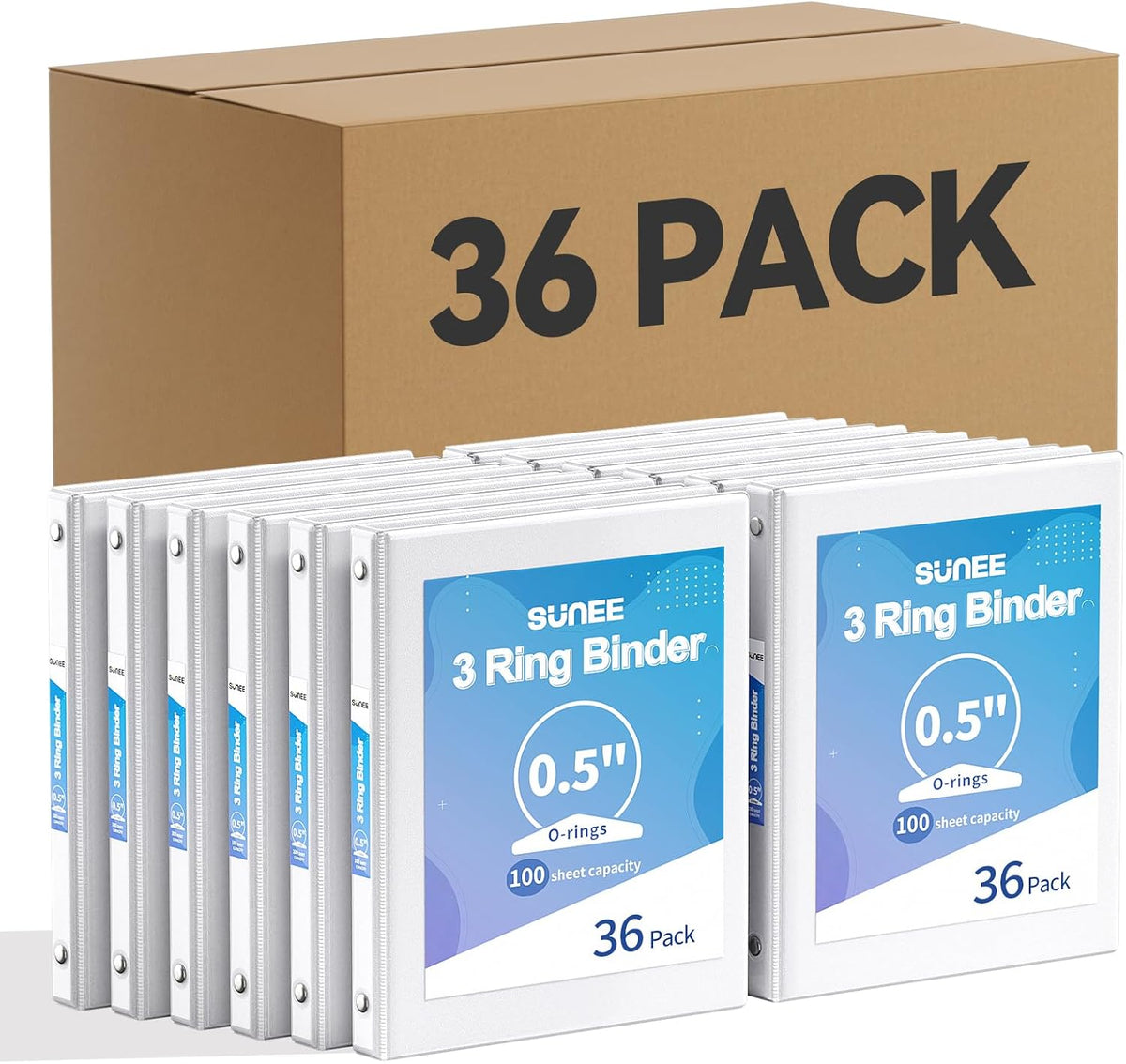 SUNEE White Binders 1/2 Inch 36 Pack Bulk