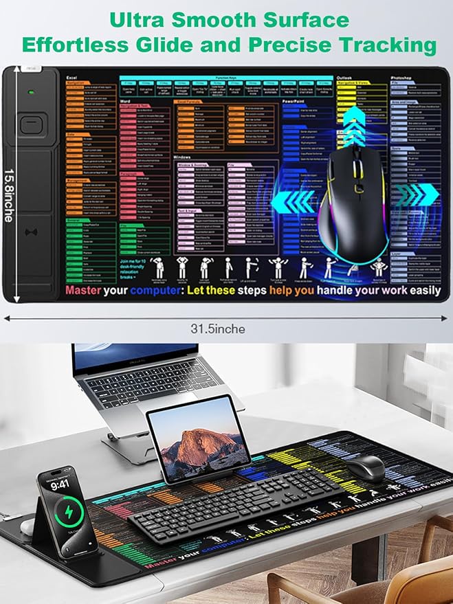 Mouse Pad with Excel Shortcut Keys, Desk Pad with Wireless Charger & Phone Stand - Image 6