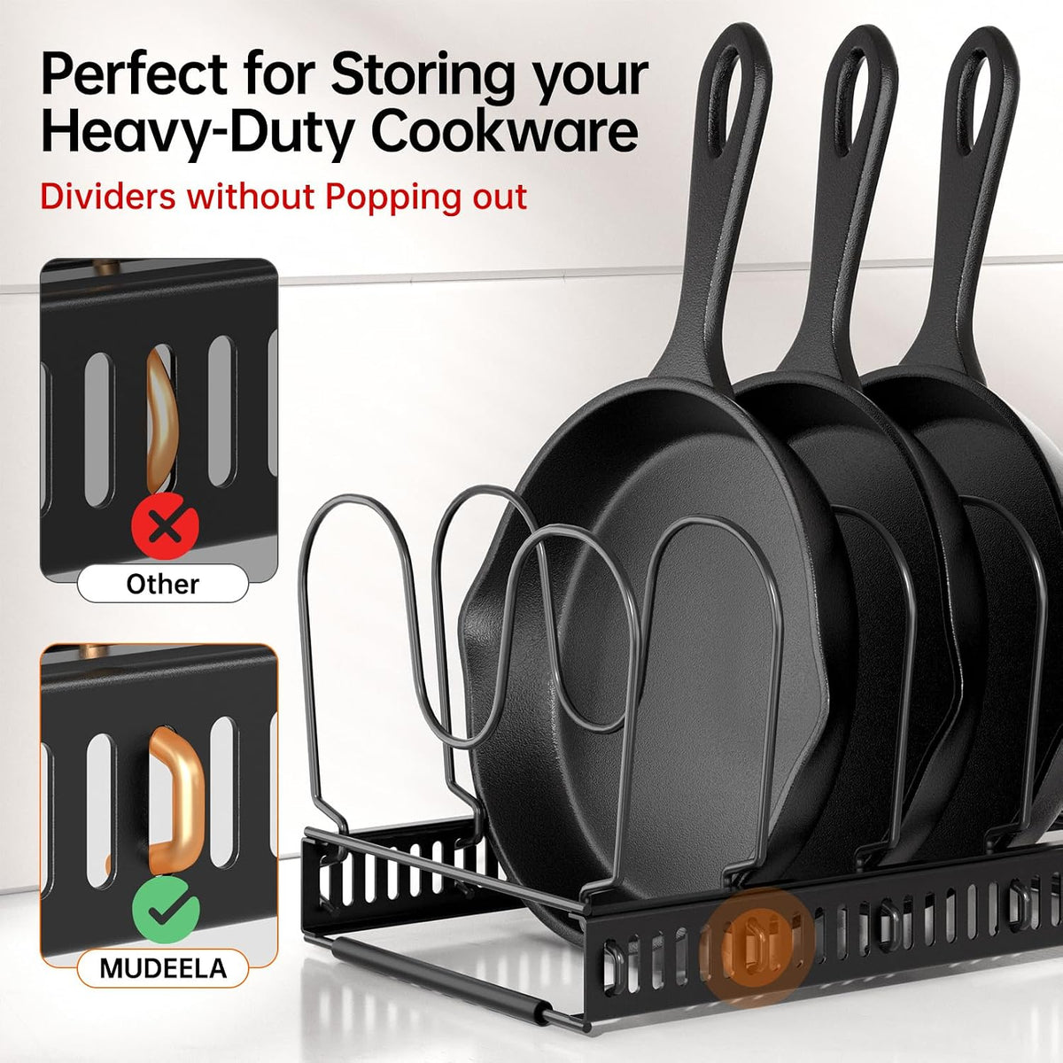 MUDEELA Expandable Pot Pan Lid Organizers inside Cabinet, 12 Divider-Black