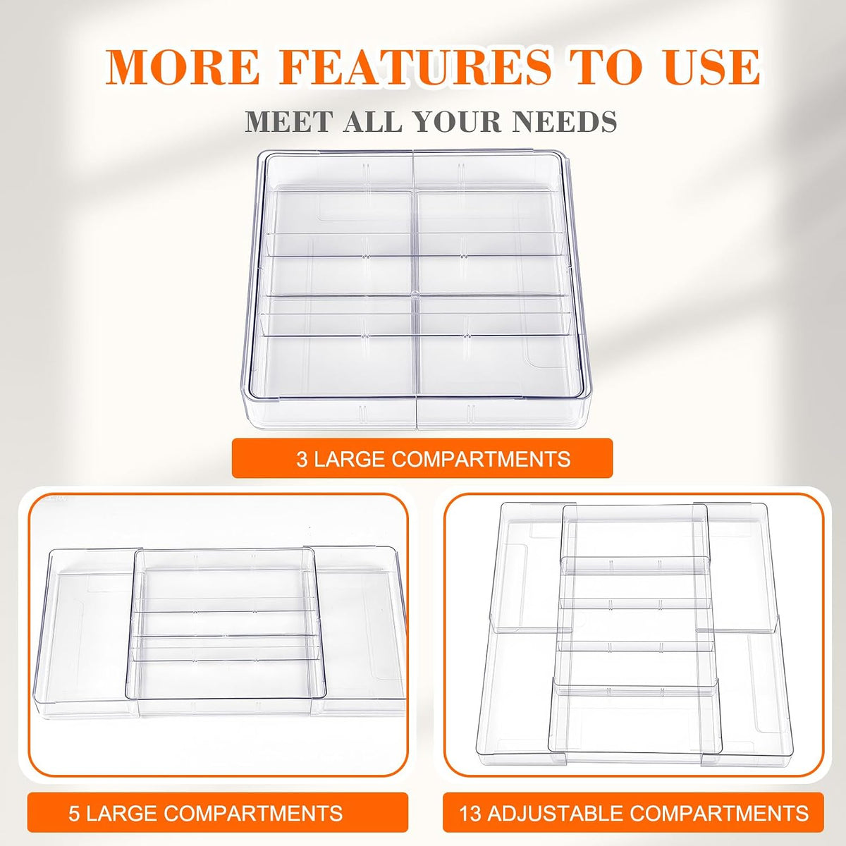 Briwooody 2 Pcs Expandable Drawer Organizer, Clear, 15 Compartments