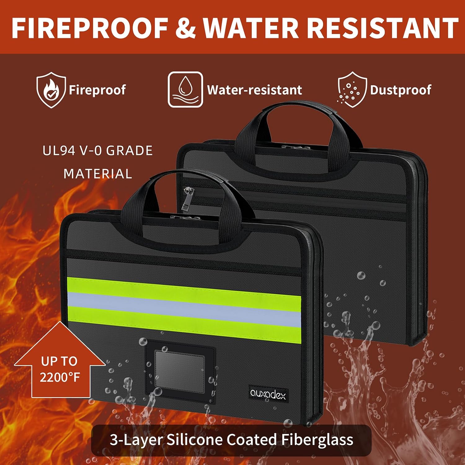 Fireproof Accordion Document Bag, Water-Resistant File Organizer, 12 Pockets 2200F, with Reflective Strip, Fire Safe Storage for A4 Letter and Other Sizes Important Documents - Black