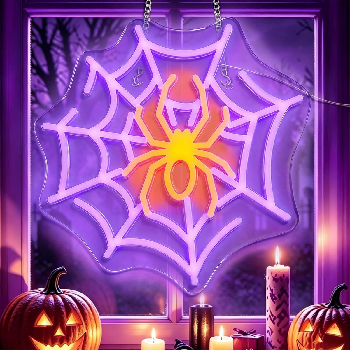 Halloween Window Decorations Lights, Spider with Web Led Neon Signs Indoor