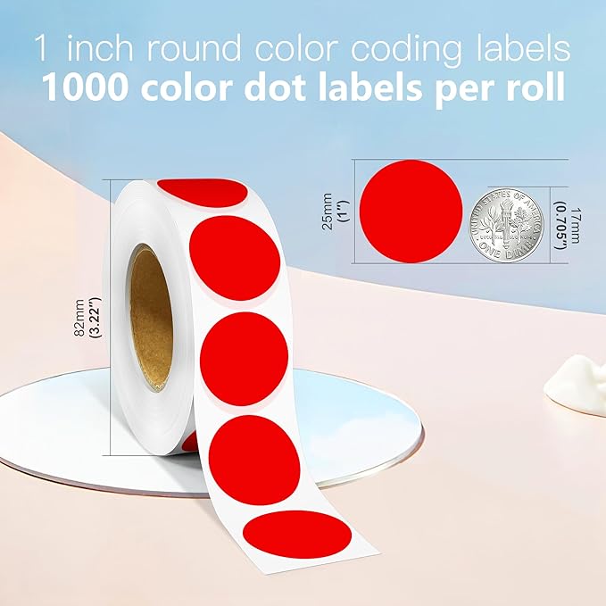 1 Inch Round Color Coding Labels, 1000 Dots Per Roll Red Color Coded Dot - Image 2