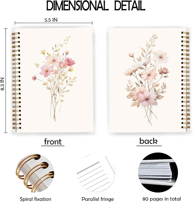 JWVK Pink Floral Spiral Notebook, Cottagecore Wildflower Notebooks - Image 2