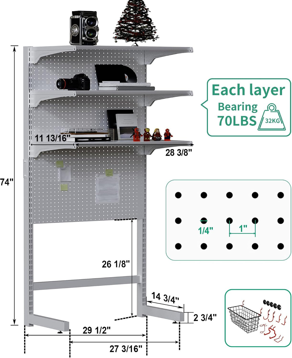 JWX DDB Standing Pegboard Shelf Unit, 30'' White Home Office shlef ca...