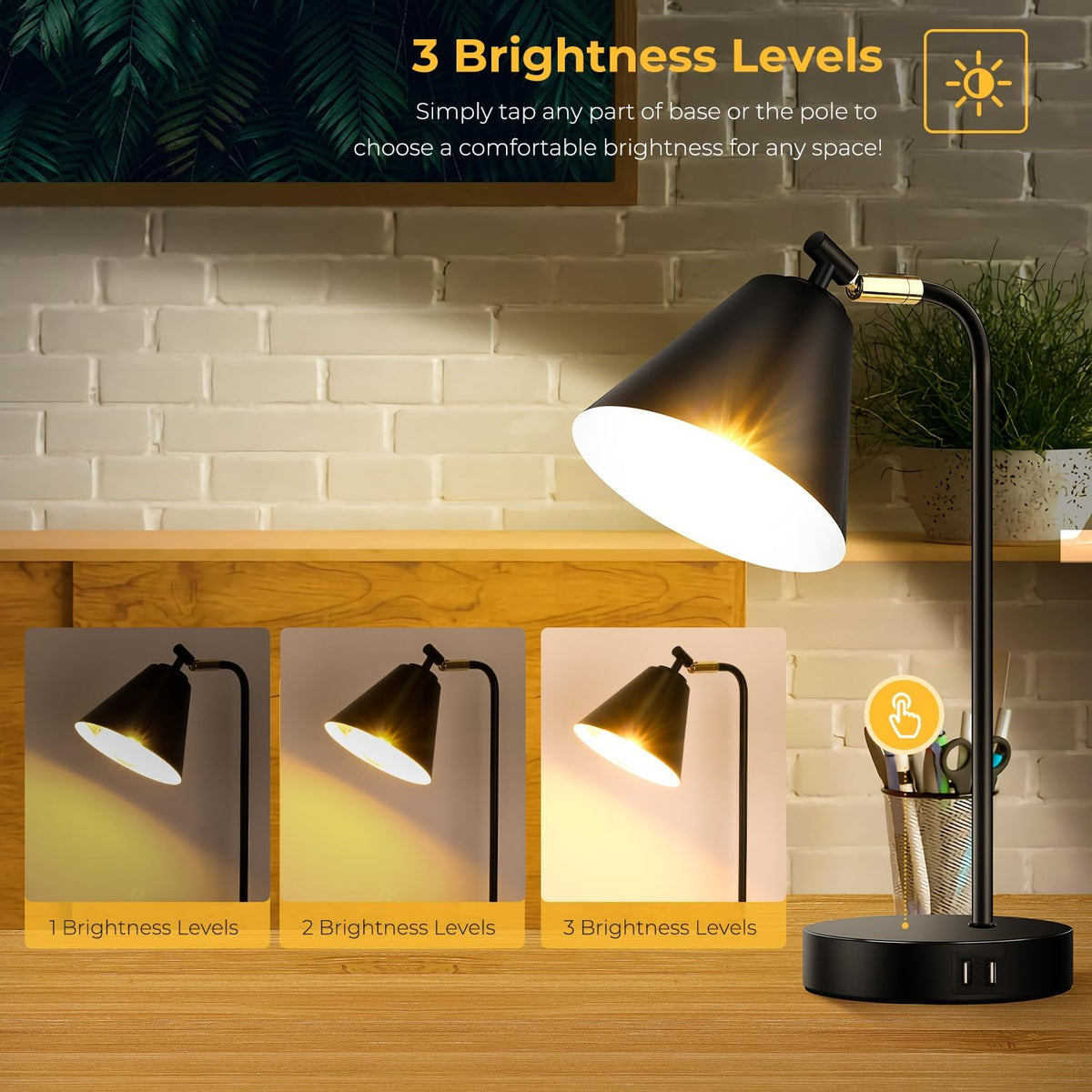 Industrial Dimmable Desk Lamp with 2 USB Charging Ports AC Outlet, Touch Cont...