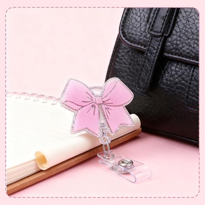 2Pcs Pink Bow Badge Reel Retractable Cute Badge Reels - Image 3