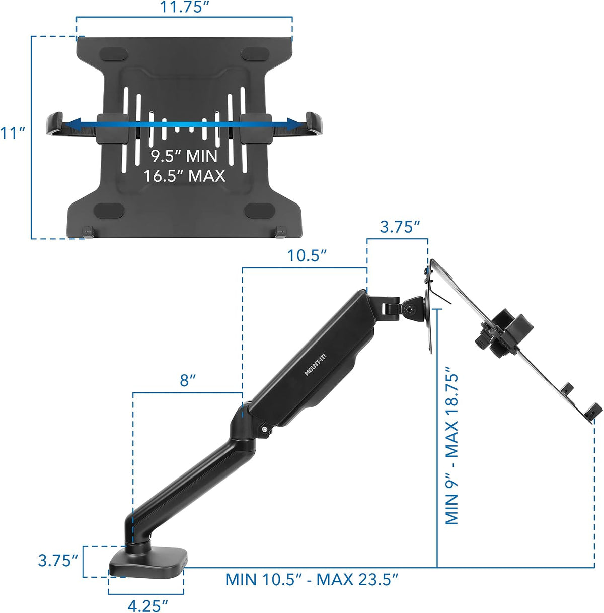 Mount-It! Laptop Arm Mount for Desk, Gas Spring, Clamp or Grommet, 17 Inch