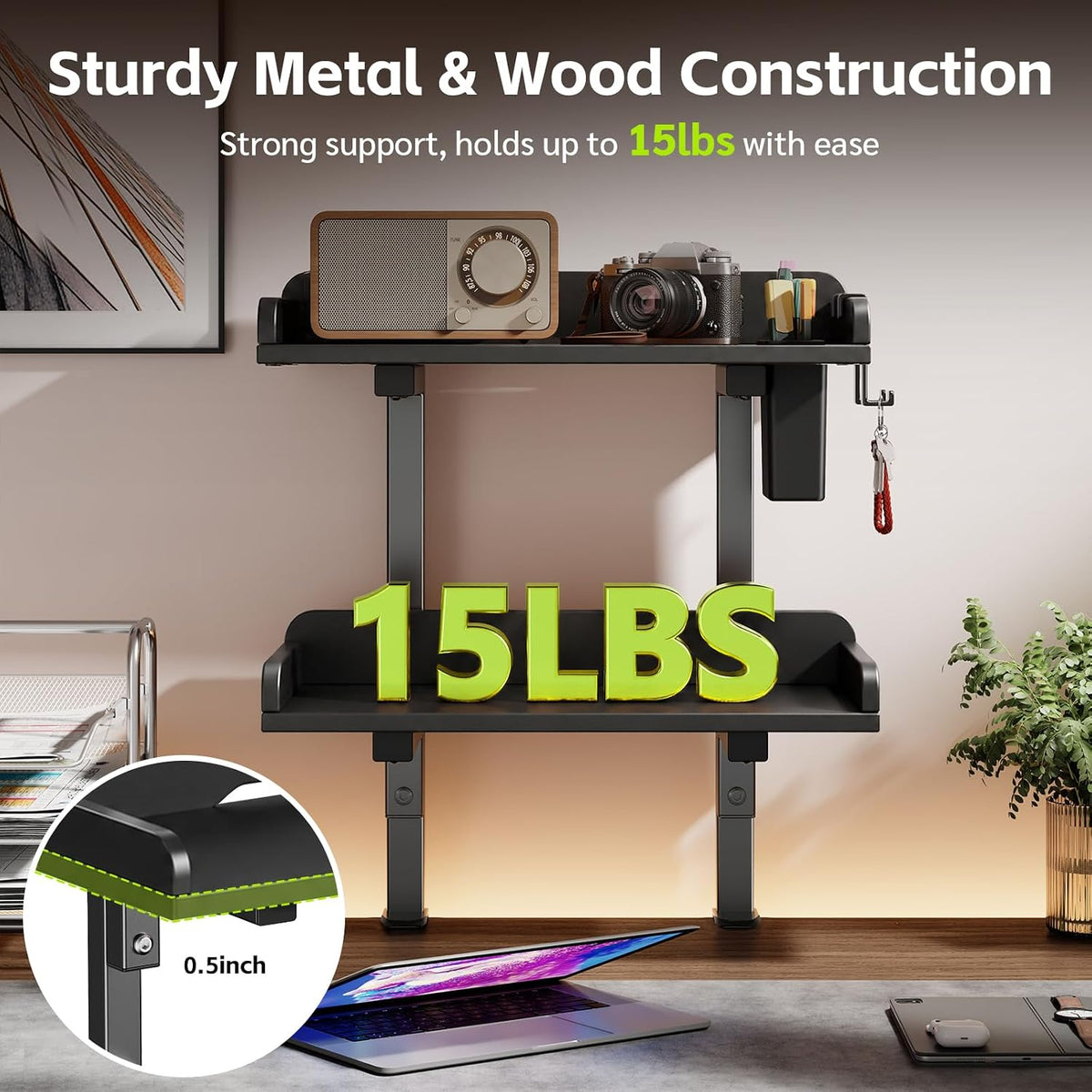 2-Tier Clamp on Wood Desktop Shelf, Adjustable Height Office Desk Organizer