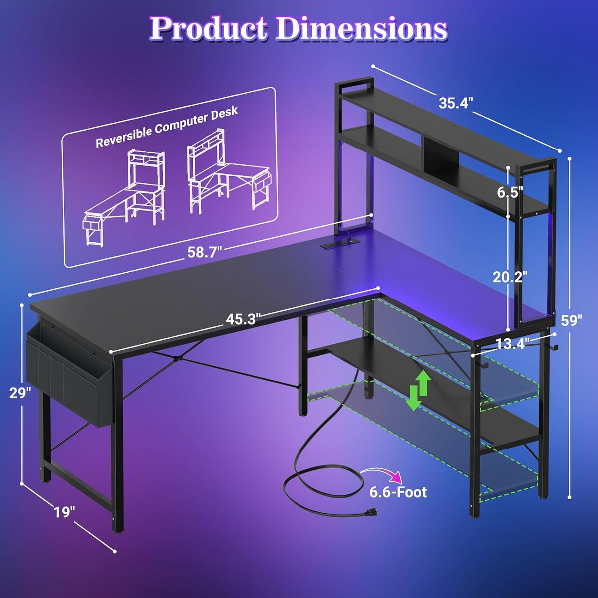 Aheaplus 59" L Shaped Desk Gaming Desk with LED Light & Power Outlet...
