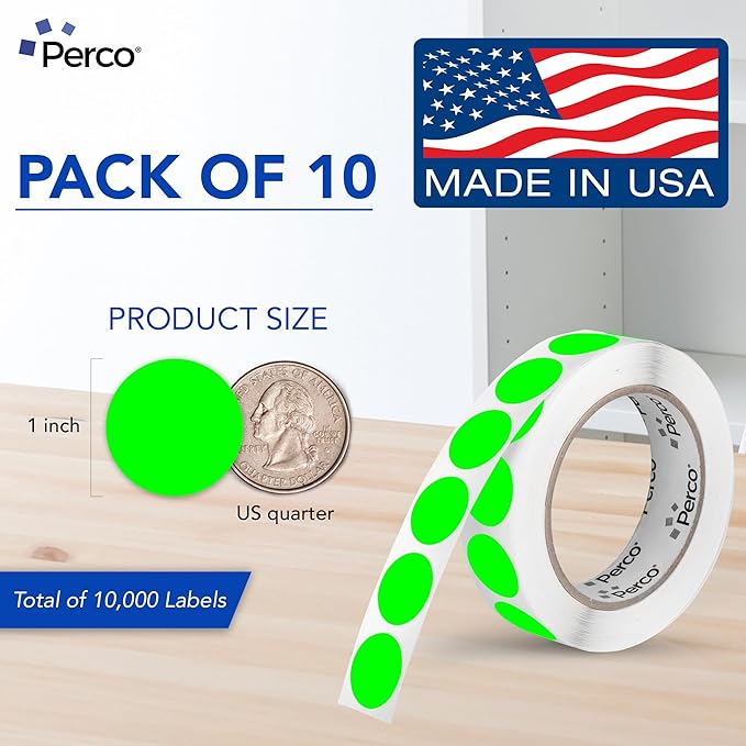 Perco Fluorescent Green 1-Inch Perforated Circle Dot Sticker Labels — 10 Rolls - Image 2