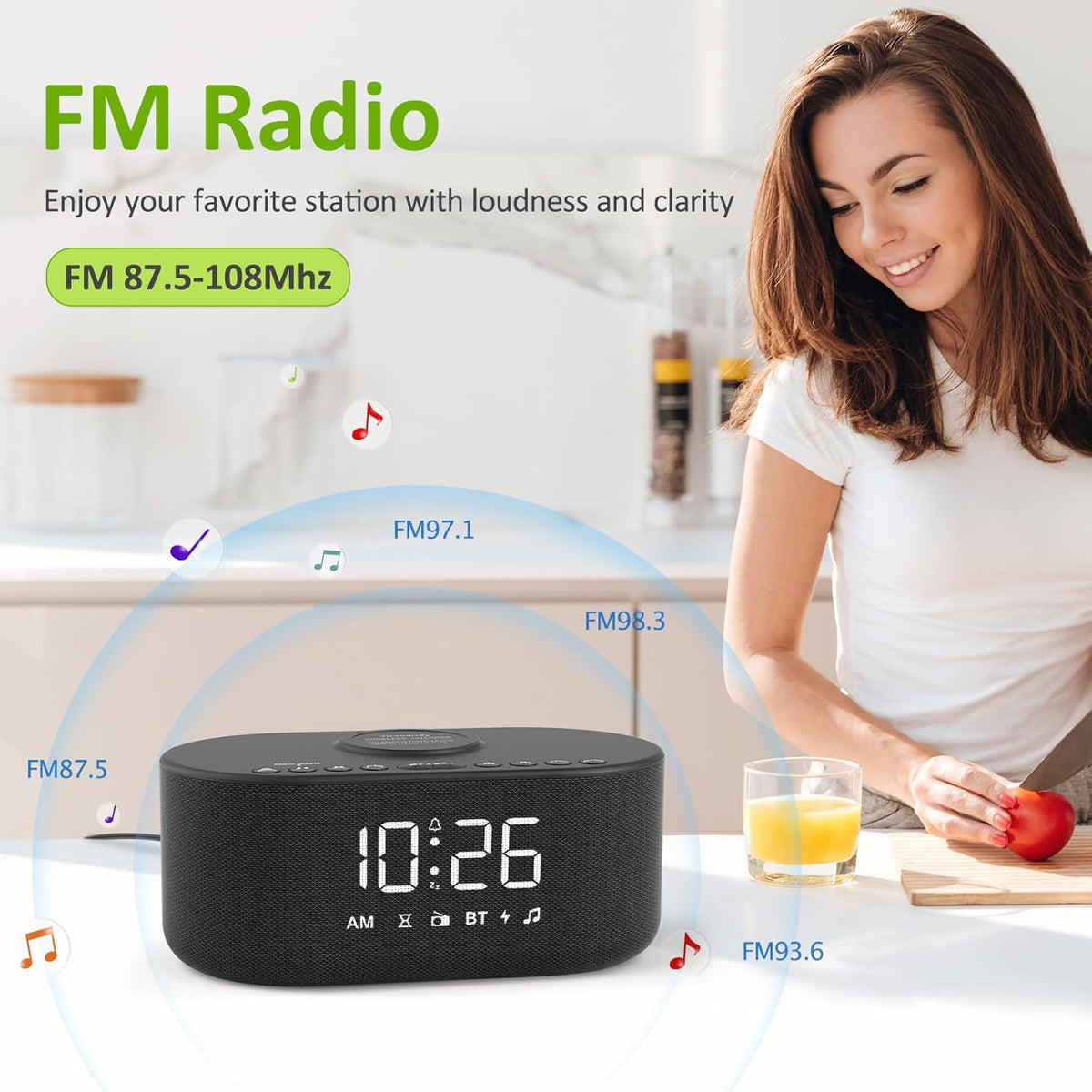 dreamsky alarm clock radio with wireless charging and showing dimensions