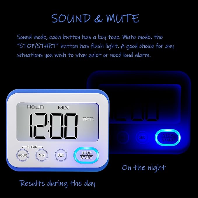Digital Kitchen Timer Magnetic Loud Alarm, Large LCD Screen Silent/Beeping - Image 3
