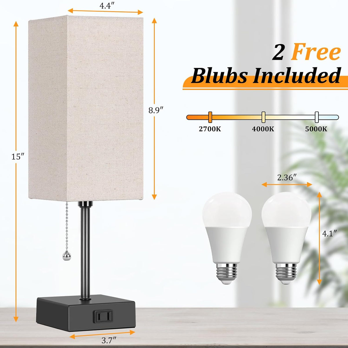 15'' bedside table lamp for bedroom small night, side view