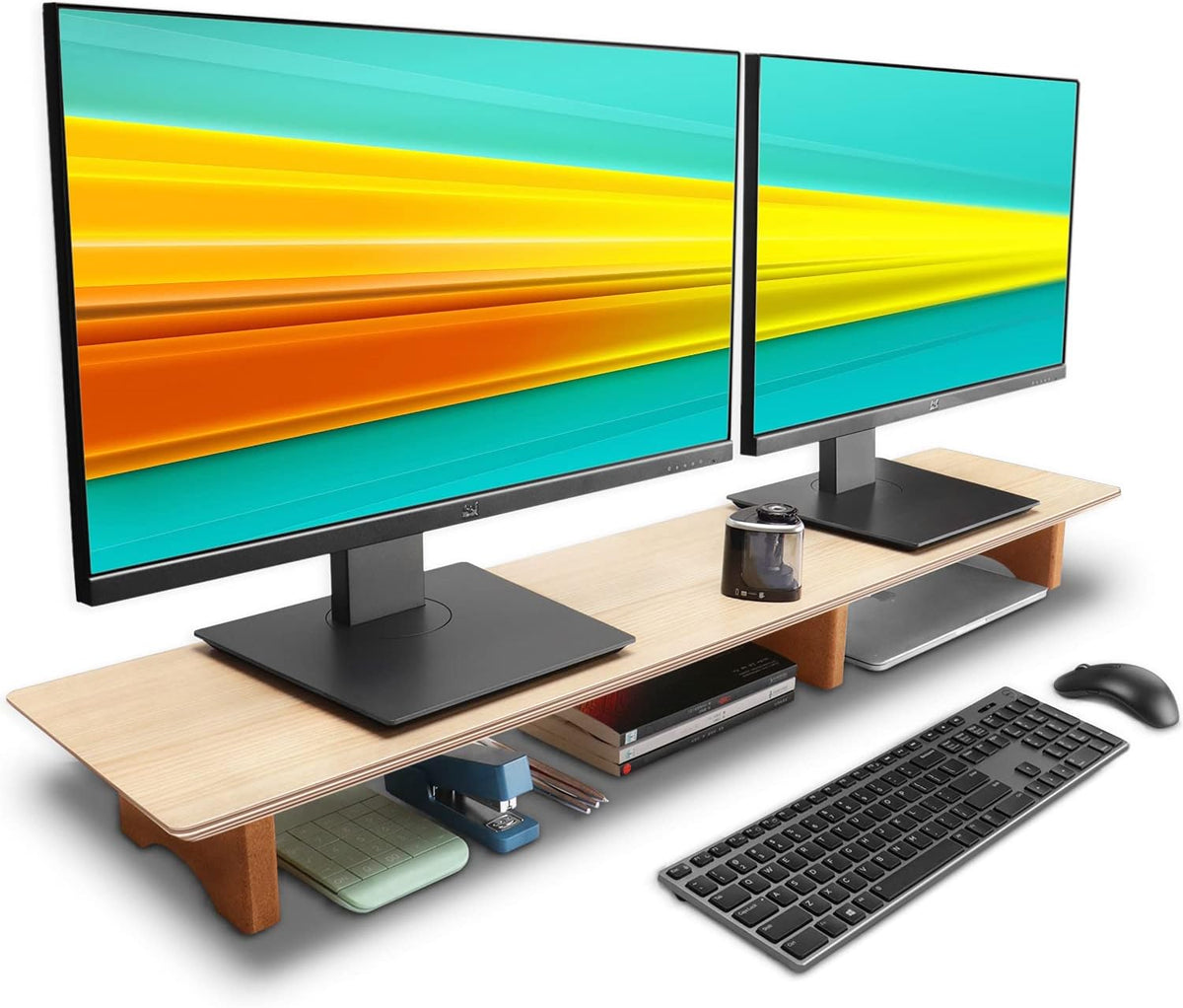 Aothia Large Dual Monitor Stand Riser, Solid Wood Desk Shelf