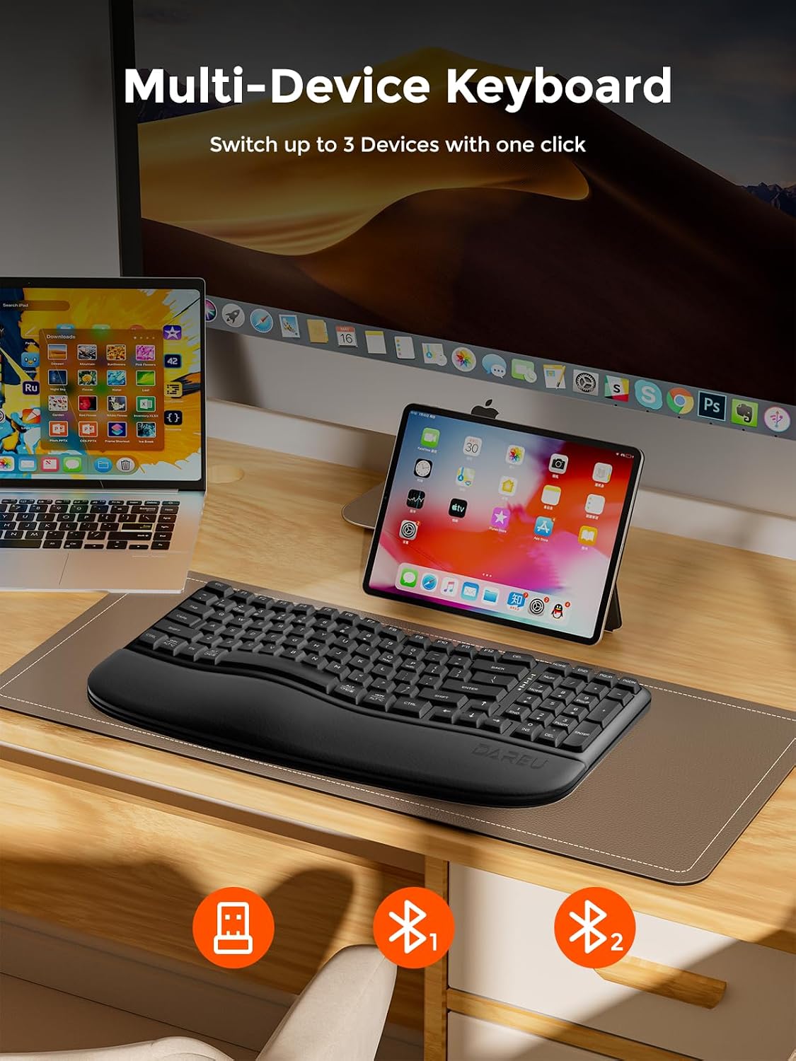 DAREU Wireless Ergonomic Keyboard,Ergo Keyboard with Cushioned Wrist & Pa...