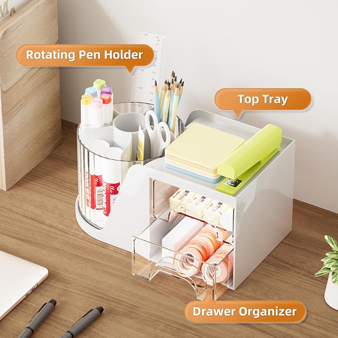 Marbrasse Desk Organizer with 2 Drawer, 360°Rotating Pen Holder, Desk - Image 2