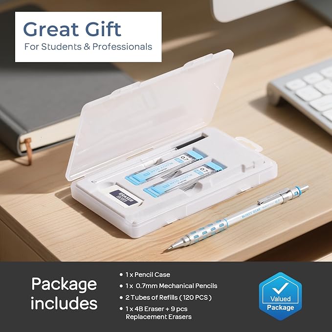 Nicpro Blocky Gear 0.7 mm Mechanical Pencils Set in Case, Metal Pencil - Image 6