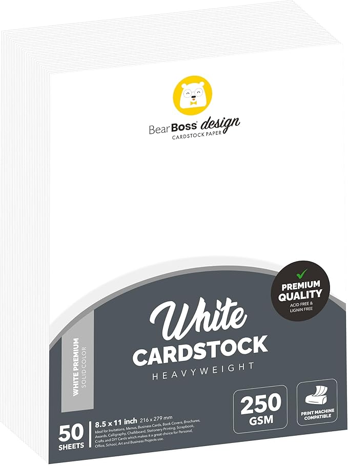 White Cardstock Thick Paper 50 Sheets, 8.5" x 11" Heavyweight 92lb Cover Card by BearBoss