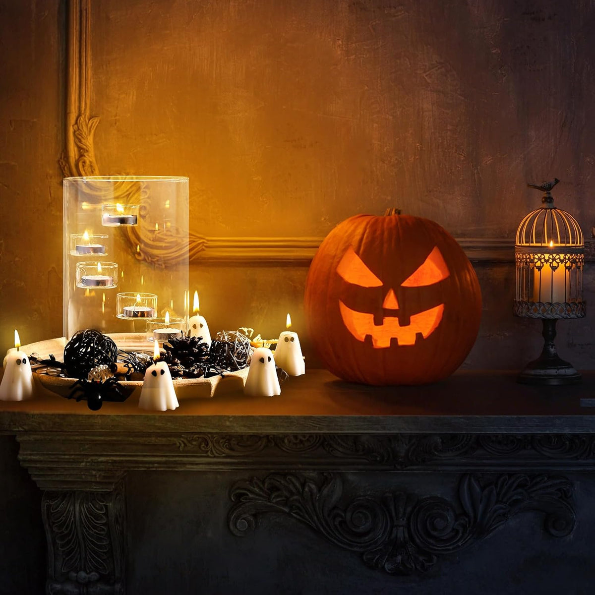 Reallnaive Halloween Glass Hurricane Candle Holder with Candles and Tea Light...