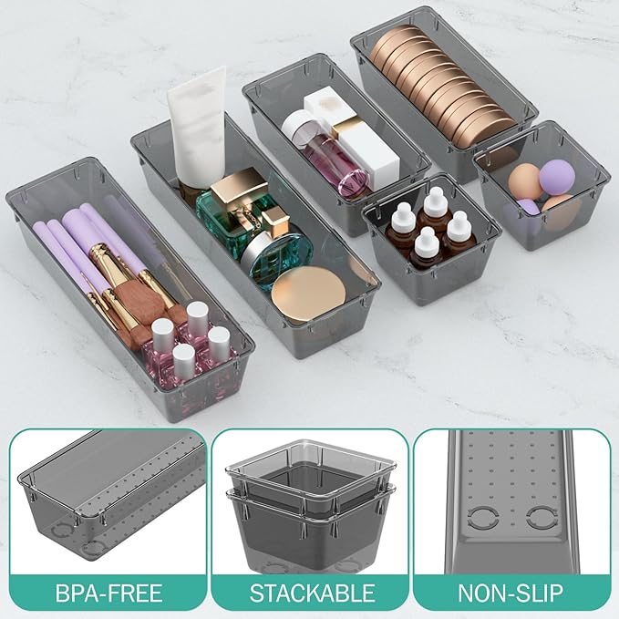 WOWBOX 6 Pack Clear Drawer Organizer Set, Acrylic Drawer Storage Trays - Image 3