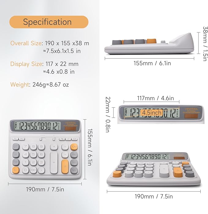 VEWINGL Desktop Calculator, 12-Digit Large LCD Display, Big Computer-Style Keys - Image 5