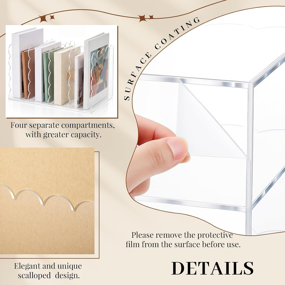 AmazingSpark 1 Pcs Scalloped Acrylic Book Holder for Desk, 4 Compartments