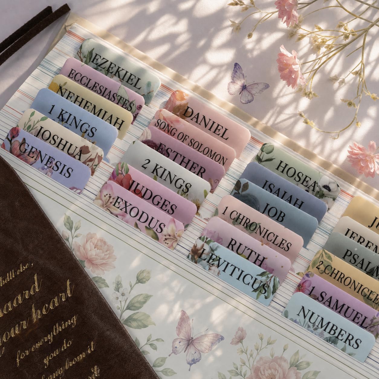 UPAFEXXI-Laminated Bible Tabs with Book Summaries(Floral) | Bible Tabs for Women and Men, Reposition Large Print Stickers, Easy to Read, Easy Navigation, Bible Study Supplies